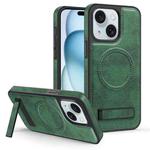 For iPhone 15 Multi-function Holder MagSafe PU Phone Case(Dark Green)