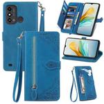 For ZTE Blade A53 Embossed Flower Zipper Leather Phone Case(Blue)