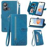 For ZTE Blade L220 Embossed Flower Zipper Leather Phone Case(Blue)