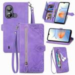 For ZTE Blade L220 Embossed Flower Zipper Leather Phone Case(Purple)