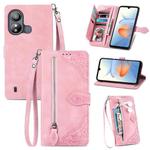 For ZTE Blade L220 Embossed Flower Zipper Leather Phone Case(Pink)