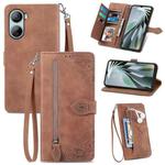 For ZTE Libero 5G IV Embossed Flower Zipper Leather Phone Case(Brown)