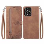 For ZTE Blade A73 4G Embossed Flower Zipper Leather Phone Case(Brown)