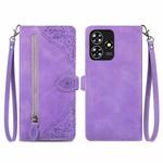 For ZTE Blade A73 4G Embossed Flower Zipper Leather Phone Case(Purple)