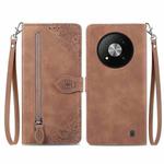 For ZTE Blade A73 5G Embossed Flower Zipper Leather Phone Case(Brown)