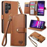 For Samsung Galaxy S24 Ultra 5G Love Zipper Lanyard Leather Phone Case(Brown)