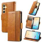 For Samsung Galaxy S25+ 5G CaseNeo Splicing Dual Magnetic Buckle Leather Phone Case(Khaki)