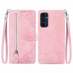 For Samsung Galaxy M55 Embossed Flower Zipper Leather Phone Case(Pink)