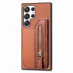For Samsung Galaxy S25 Ultra 5G Carbon Fiber Horizontal Flip Zipper Wallet Phone Case(Brown)