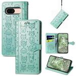 For Google Pixel 7a Cat and Dog Embossed Leather Phone Case(Green)