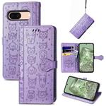 For Google Pixel 7a Cat and Dog Embossed Leather Phone Case(Purple)