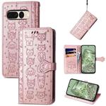 For Google Pixel 7 Pro Cat and Dog Embossed Leather Phone Case(Rose Gold)