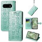 For Google Pixel 6a Cat and Dog Embossed Leather Phone Case(Green)