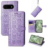 For Google Pixel 6a Cat and Dog Embossed Leather Phone Case(Purple)