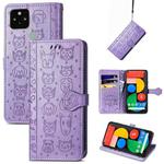 For Google Pixel 5 Cat and Dog Embossed Leather Phone Case(Purple)