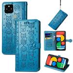 For Google Pixel 5 XL Cat and Dog Embossed Leather Phone Case(Blue)