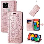 For Google Pixel 5 XL Cat and Dog Embossed Leather Phone Case(Rose Gold)