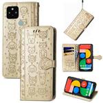For Google Pixel 5 XL Cat and Dog Embossed Leather Phone Case(Gold)