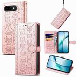 For Google Pixel 9a Cat and Dog Embossed Leather Phone Case(Rose Gold)