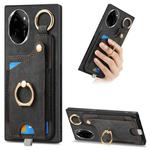 For Honor 100 5G Retro Skin-feel Ring Card Bag Phone Case with Hang Loop(Black)