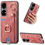 For Huawei P50 Pro Retro Skin-feel Ring Card Bag Phone Case with Hang Loop(Pink)
