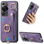 For Huawei P60 Retro Skin-feel Ring Card Bag Phone Case with Hang Loop(Purple)