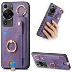 For Huawei P60 Pro Retro Skin-feel Ring Card Bag Phone Case with Hang Loop(Purple)