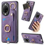 For Huawei nova 14 Pro Retro Skin-feel Ring Card Bag Phone Case with Hang Loop(Purple)