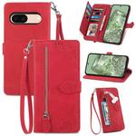 For Google Pixel 7a Embossed Flower Zipper Leather Phone Case(Red)