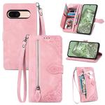 For Google Pixel 6a Embossed Flower Zipper Leather Phone Case(Pink)