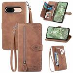 For Google Pixel 6a Embossed Flower Zipper Leather Phone Case(Brown)