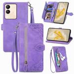 For vivo V29e/ Y200 Embossed Flower Zipper Leather Phone Case(Purple)