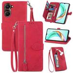 For vivo Y37 Embossed Flower Zipper Leather Phone Case(Red)