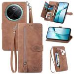 For vivo Y300 Pro Embossed Flower Zipper Leather Phone Case(Brown)