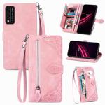 For T-Mobile REVVL V+ 5G Embossed Flower Zipper Leather Phone Case(Pink)