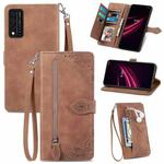 For T-Mobile REVVL V+ 5G Embossed Flower Zipper Leather Phone Case(Brown)