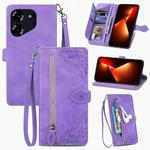 For Tecno Pova 5 4G  Embossed Flower Zipper Leather Phone Case(Purple)