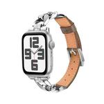 For Apple Watch SE 2023 40mm Rhinestone Denim Chain Leather Watch Band(Dark Brown)