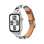 For Apple Watch Series 9 45mm Rhinestone Denim Chain Leather Watch Band(Brown)