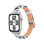 For Apple Watch Series 7 45mm Rhinestone Denim Chain Leather Watch Band(Beige)