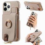 For iPhone 11 Pro Litchi Leather Oil Edge Ring Zipper Wallet Back Phone Case(Khaki)