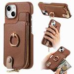 For iPhone 15 Plus Litchi Leather Oil Edge Ring Zipper Wallet Back Phone Case(Brown)