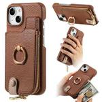 For iPhone 15 Litchi Leather Oil Edge Ring Zipper Wallet Back Phone Case(Brown)