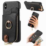 For iPhone XS Max Litchi Leather Oil Edge Ring Zipper Wallet Back Phone Case(Black)