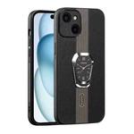 For iPhone 15 Plus Magnetic Litchi Leather Back Phone Case with Holder(Black)