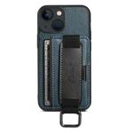 For iPhone 15 Suteni H13 Card Wallet Wrist Strap Holder PU Phone Case(Blue)