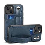 For iPhone 15 SUTENI H12 Wrist Strap Leather Back Phone Case with Card Slot(Blue)