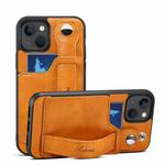 For iPhone 15 Plus SUTENI H12 Wrist Strap Leather Back Phone Case with Card Slot(Khaki)