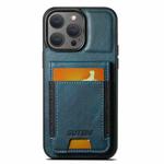 For iPhone 15 Pro Max Suteni H03 Oil Wax Leather Wallet Stand Back Phone Case(Blue)