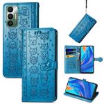 For Tecno Spark 7 Cat and Dog Embossed Leather Phone Case(Blue)